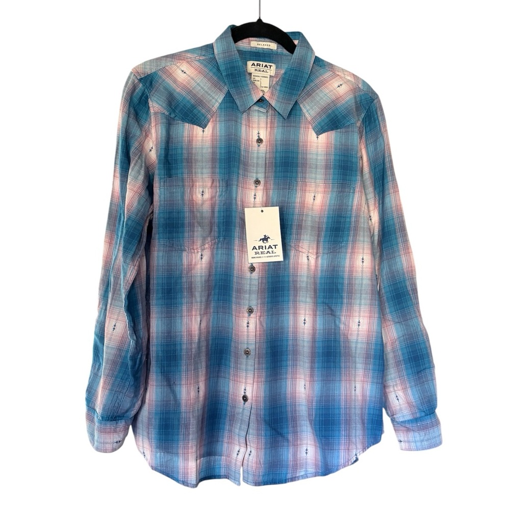 ARIAT REAL Billie Jean Relaxed Fit Aqua & Pink Dobby Plaid Shirt Large NWT